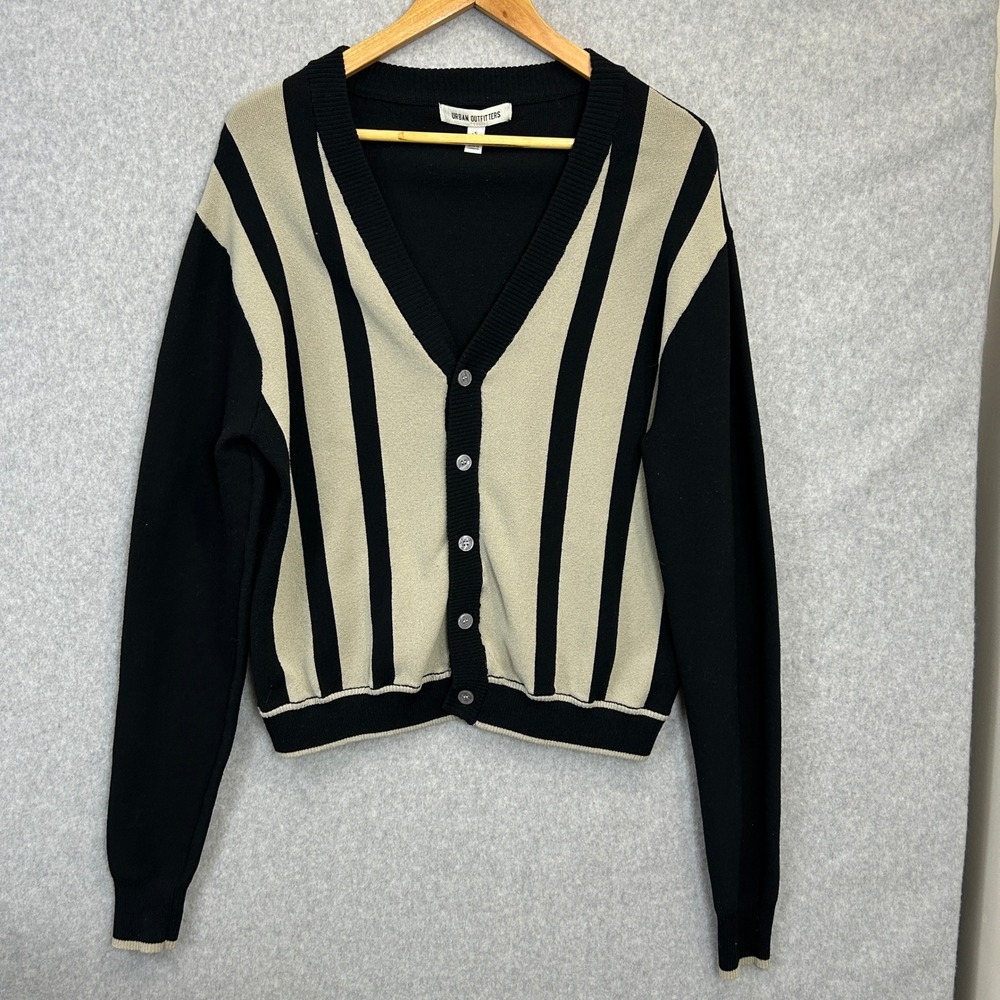 Urban Outfitters Mens Small Cardigan Sweater Black Tan Striped V-Neck Preppy